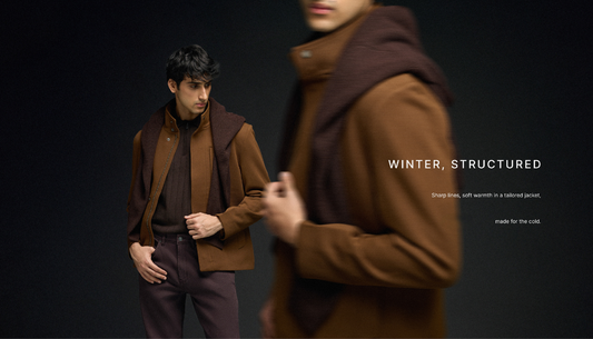 Stylish men wearing layered Westside winter jackets with scarves and sweaters