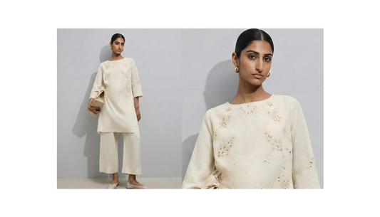 woman wearing all white outfit with white kurta shirt dress and neutral footwear